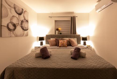 - une chambre avec un grand lit et des oreillers dans l'établissement apartmani SUN & MOON, à Bjelovar