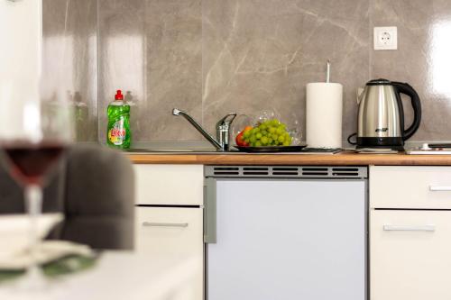 a kitchen with a sink and a counter with a glass of wine at apartmani SUN & MOON in Bjelovar
