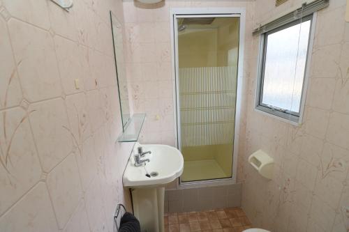 a bathroom with a sink and a mirror at De Zuidvliet chalet 1 in Wolphaartsdijk