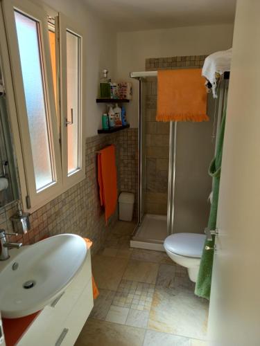 een badkamer met een wastafel, een toilet en een douche bij Ca' d Licio in Polinago
