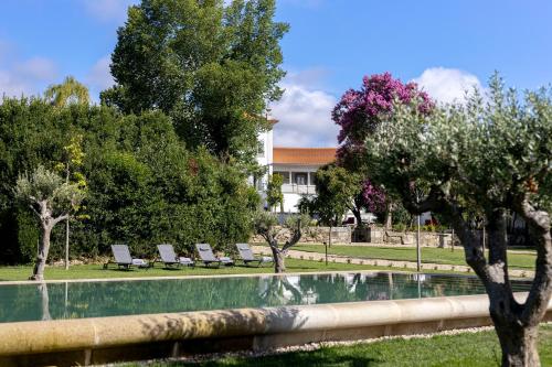 Santar的住宿－Valverde Santar Hotel & SPA - Relais & Châteaux，一座房子前面的游泳池,里面设有椅子和树木