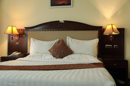 a bedroom with a large bed with two lamps at Debredamo Hotel in Addis Ababa