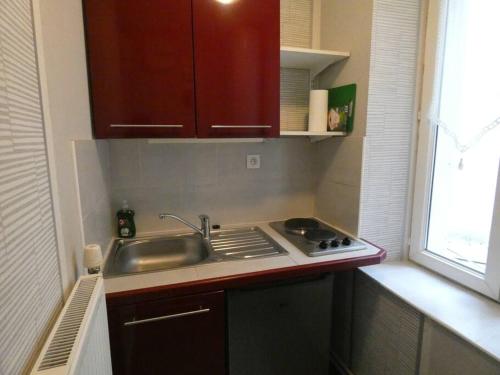 une petite cuisine avec un évier et une cuisinière dans l'établissement Beau studio proche tous commerces, à Nancy