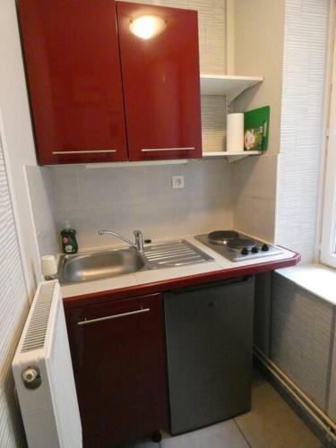 une petite cuisine avec des armoires rouges et un évier dans l'établissement Beau studio proche tous commerces, à Nancy