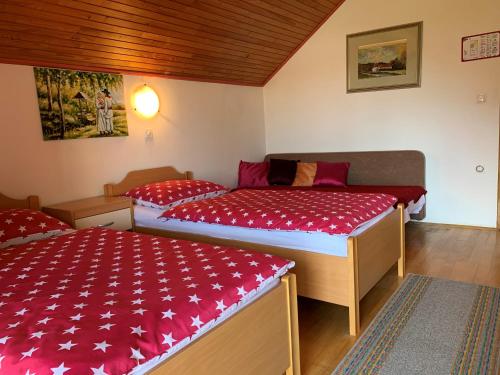 2 camas en una habitación con sábanas rojas y blancas en TURIZEM GRABRIJAN, Jasmina Grabrijan s.p., en Adlešiči