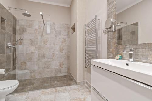 ein Bad mit einem Waschbecken, einem WC und einer Dusche in der Unterkunft Central Friends House in Oradea