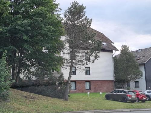 a white house with cars parked in front of it at Harzilein in Braunlage