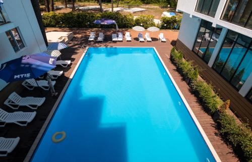 夏克班提維的住宿－Buxus Villas Shekvetili，享有带椅子和遮阳伞的游泳池的上方景色