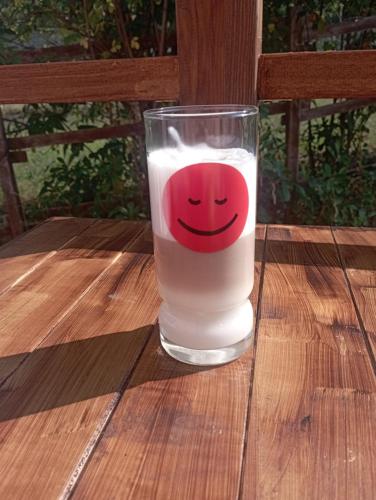 un vaso de leche con una carita sonriente dibujada en él en LA TANA DELLA VOLPETTA - Bed & Breakfast, en Stella