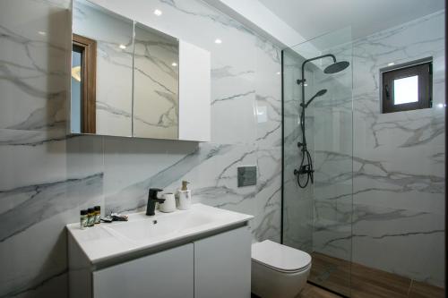 e bagno con servizi igienici, lavandino e doccia. di Anastasia Luxury House a Afantou