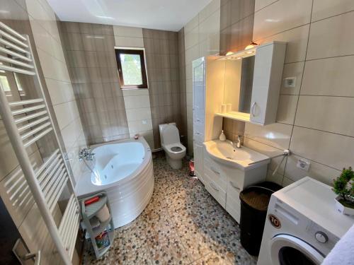 ein Badezimmer mit einer Badewanne, einem WC und einem Waschbecken in der Unterkunft Pensiunea Agroturistica Matis in Râșca