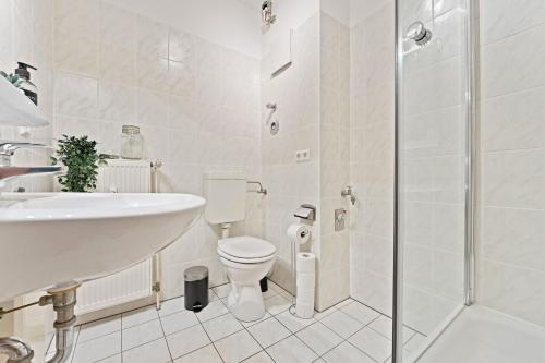 a bathroom with a sink and a toilet and a shower at Helle moderne Wohnung, ,nahe Uni, zentral in Cottbus