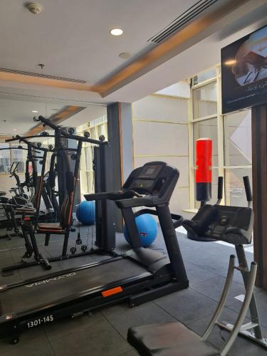 a gym with several exercise bikes and a tv at Sarwat Park Hotel Riyadh - Diplomatic Quarter in Riyadh