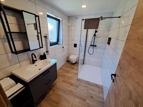 een badkamer met een douche, een wastafel en een toilet bij Riverside Apartma 2, Kranjska Gora in Kranjska Gora