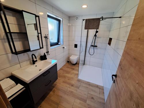 een badkamer met douche, wastafel en toilet bij Riverside Apartma 2, Kranjska Gora in Kranjska Gora