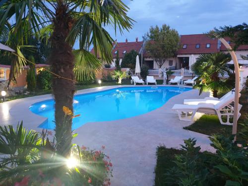 una piscina con sillas y una palmera frente a una casa en Paradise-Garden-Zamardi, en Zamárdi