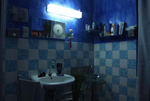 ein Bad mit einem Waschbecken und einem Spiegel in der Unterkunft Fetish-Hostel in Dresden