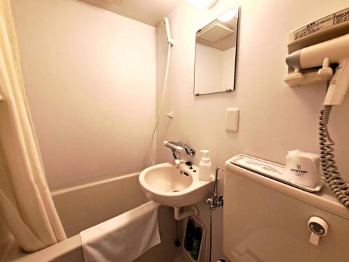 a small bathroom with a sink and a mirror at Tetora Higashimuroran in Muroran