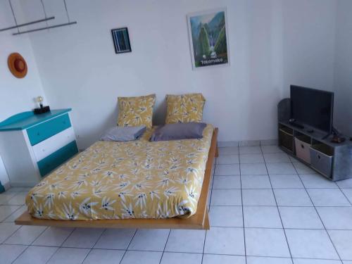 Habitación con cama y TV. en STUDIO MI AIME AOU, en La Saline-Les-Bains
