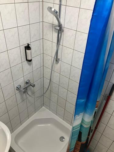 a bathroom with a shower with a sink and a toilet at ZIMMERVERMIETUNG38 - Händel in Salzgitter