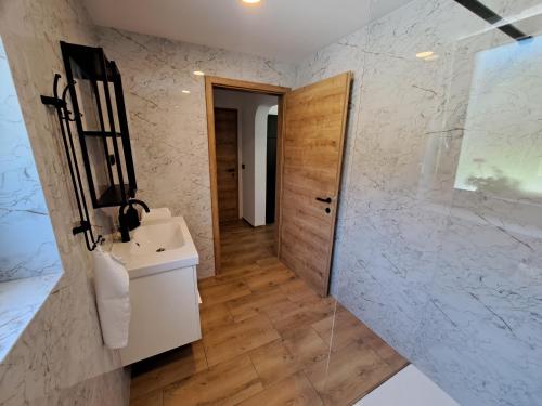 bagno con doccia, lavandino e specchio di Riverside Apartma 1, Kranjska Gora a Kranjska Gora