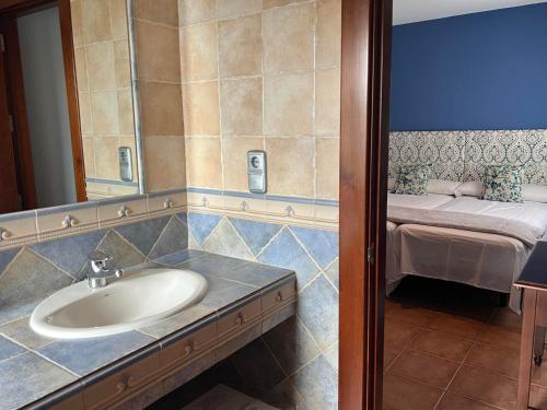 uma casa de banho com um lavatório, um espelho e uma cama em HOSTAL TREVELEZ em El Ejido