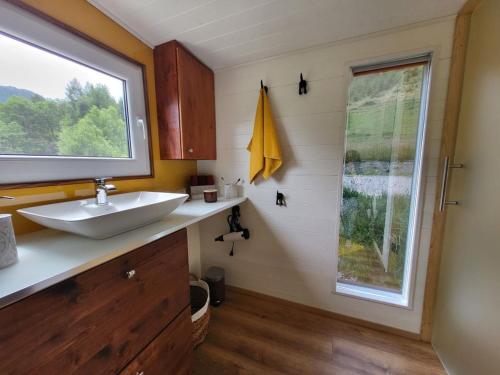 baño con lavabo y ventana en Tinyhaus Villa to go, en Reichenau