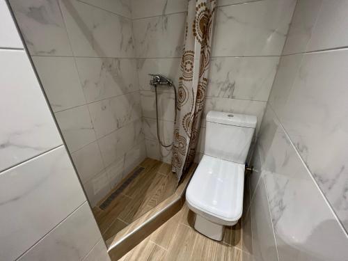 a small bathroom with a toilet and a shower at Cozy Corner in Alexandroupoli