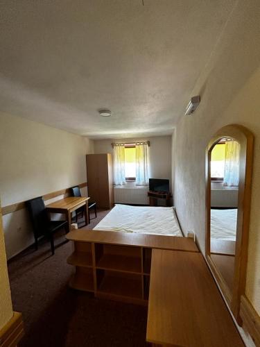 Apartmani Helda في فلاسيتش: غرفة بسرير ومكتب وطاولة