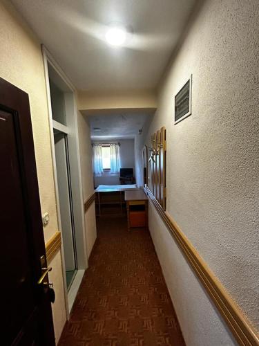 ヴラシチにあるApartmani Heldaのテーブルと窓のある部屋につながる廊下