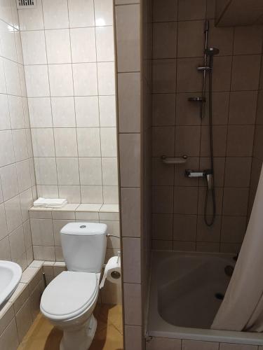 a bathroom with a toilet and a sink and a shower at Pokój dwuosobowy z prywatną łazienką - Piotrkowska 262-264 pok 303 in Łódź