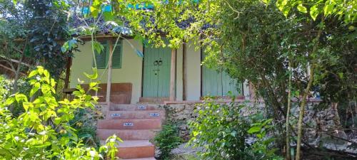 una casa con una puerta verde y unas escaleras en Yasmin house, en Kizimkazi