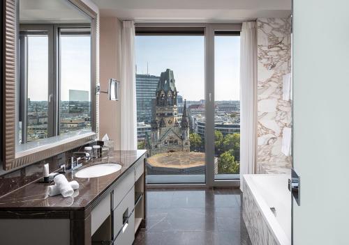a bathroom with a view of a building at Waldorf Astoria Berlin in Berlin