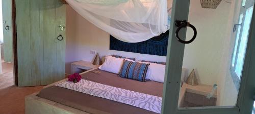 Habitación con cama con cortina y espejo en Yasmin house, en Kizimkazi