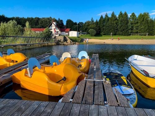 a group of yellow boats parked at a dock at Hausboat David in Hrdoňov
