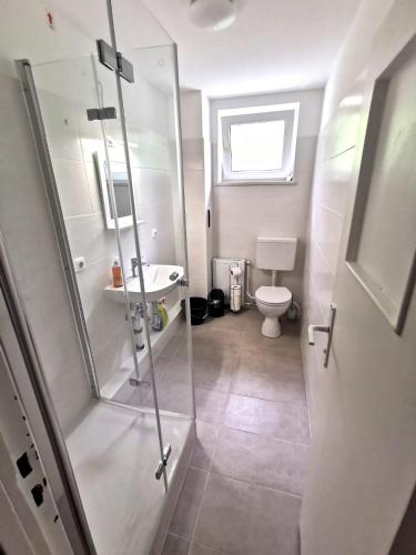 a bathroom with a shower and a sink and a toilet at Monteurzimmer Berlin Neukölln in Berlin