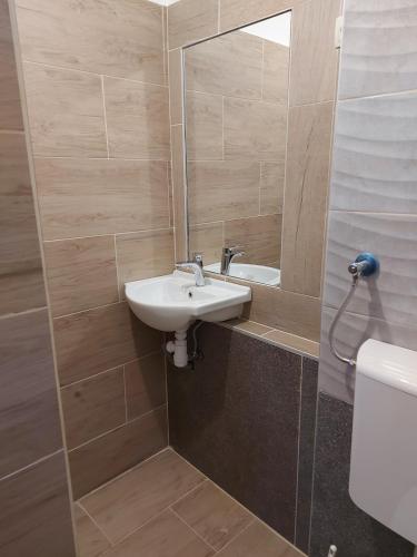 a bathroom with a sink and a mirror at Apartmani Kasteljan 12, Stara Novalja in Stara Novalja