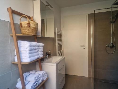 a bathroom with a sink and a shower and towels at Apartment Emma in Liezen
