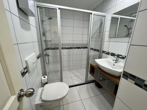 La salle de bains est pourvue d'une douche, de toilettes et d'un lavabo. dans l'établissement Lovely 2-Bed Apartment in Side - Ilica, à Sidé