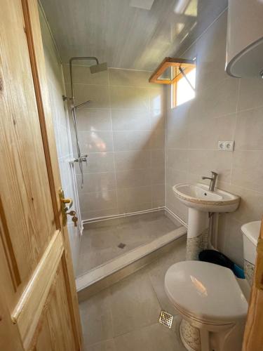 a bathroom with a shower and a toilet and a sink at House in The Mountains in Khulo
