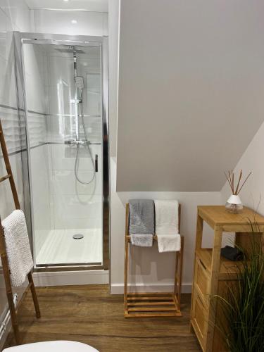 een badkamer met een douche, 2 handdoeken en een tafel bij Le Duplex in Auxerre