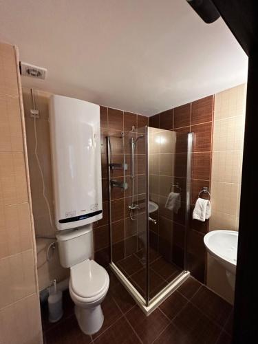 a bathroom with a shower and a toilet and a sink at Bansko Royal Towers Private Apartment V&K in Bansko