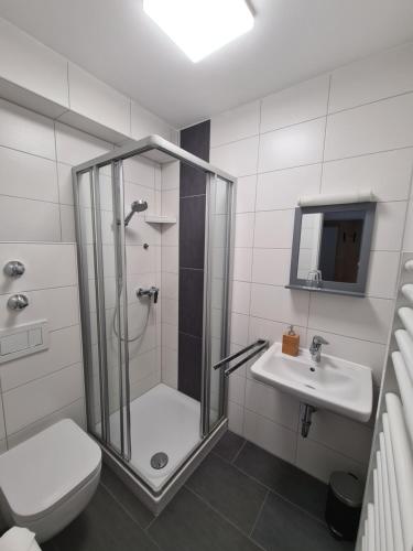 een badkamer met een douche, een toilet en een wastafel bij Gästehaus Weber in Rodgau