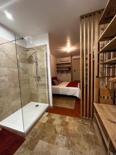 une salle de bain avec douche et une chambre avec un lit dans l'établissement Les chambres de Nita - Guest House, à Bergerac