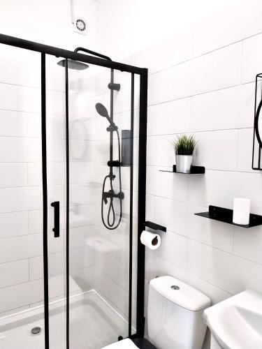 a bathroom with a shower and a toilet at VB36 Vendégház in Villány
