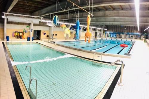 een zwembad in een groot gebouw met een zwembad bij Danhostel Hobro in Hobro