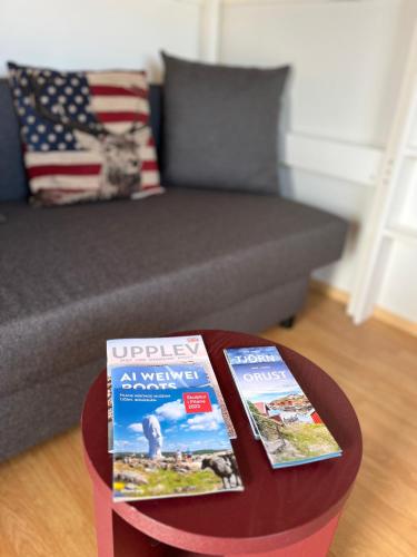 two magazines on a table in front of a couch at Sea view chalet in Hjälteby