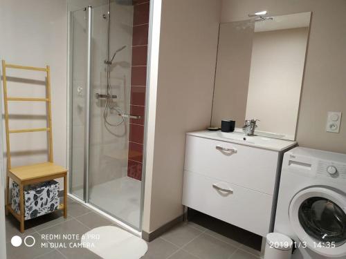 une salle de bain avec douche et machine à laver dans l'établissement Grand T2 récent, confort 4*, vue superbe., à Le Mont-Dore