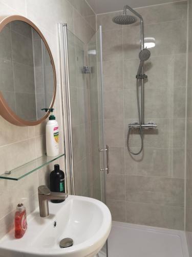 a bathroom with a sink and a shower with a mirror at Entire 2 bedroom Apt in central location, Newly Refurbished in Plymouth