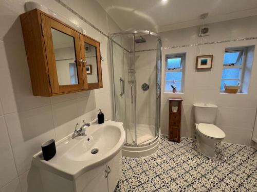 a bathroom with a sink and a shower and a toilet at The Annex at Merley Mews in Poole